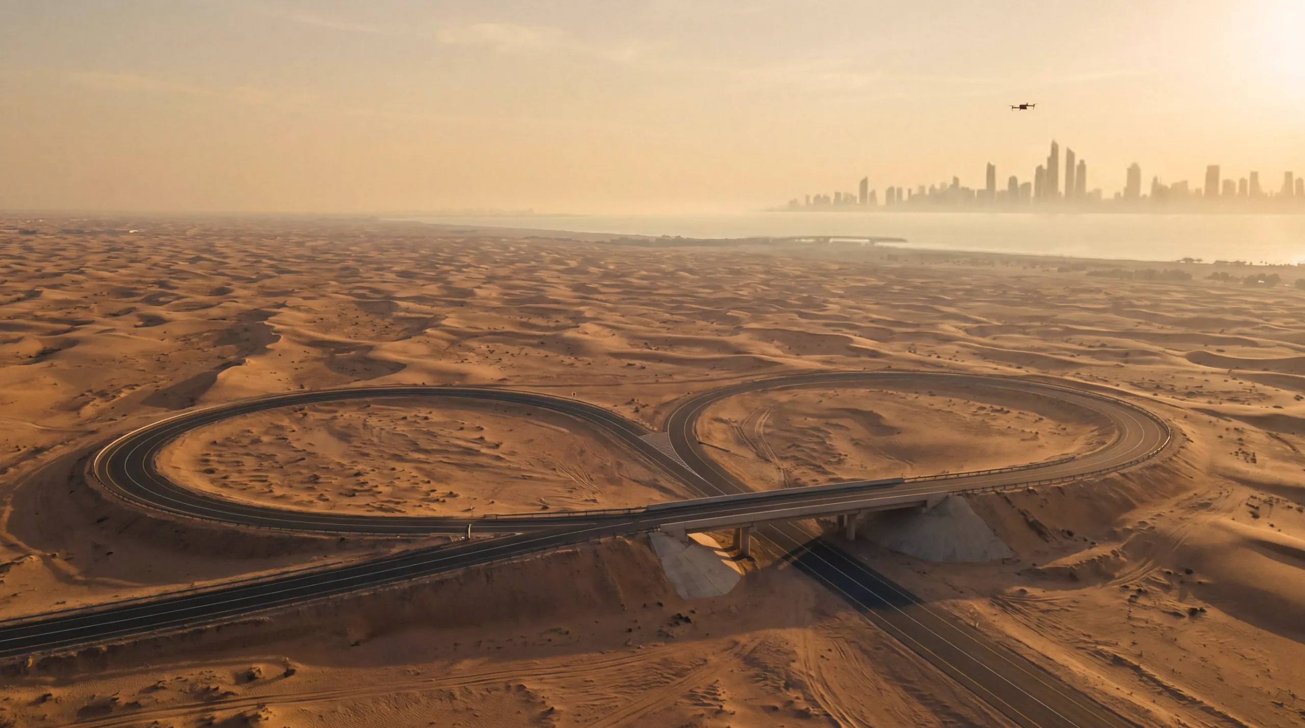 Aerial view at golden hour over the desert near the Gulf coast, where a highway interchange forms an infinity loop in the sand